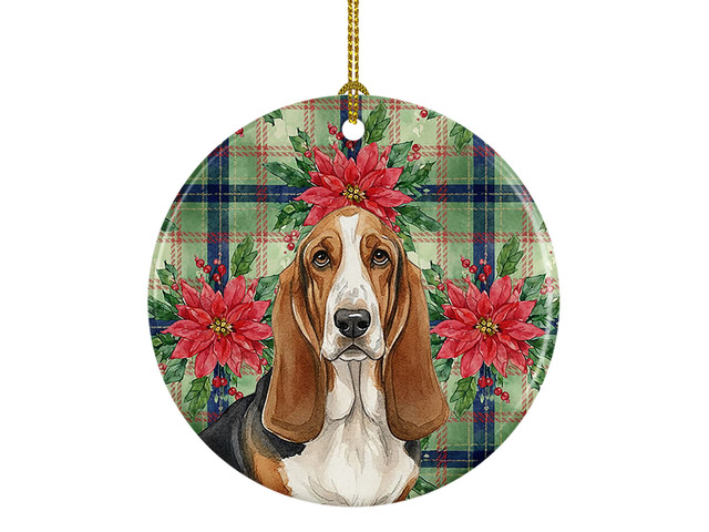 Tricolor and White Basset Hound Christmas PoinsettIas Ceramic Ornament Christmas Tree Hanging Decorations for Home Christmas Holiday, Party, Gift,...