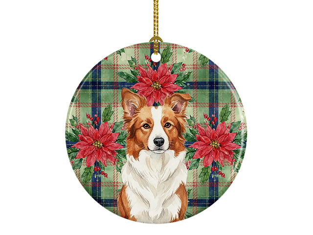 Red and White Border Collie Christmas PoinsettIas Ceramic Ornament Christmas Tree Hanging Decorations for Home Christmas Holiday, Party, Gift, 3...