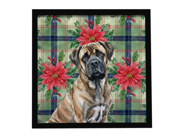 Brindle Mastiff Christmas PoinsettIas Framed Metal Print Bathroom, Kitchen, Office, Home Decor Wall Art Ready to Hang, Square, 8X8