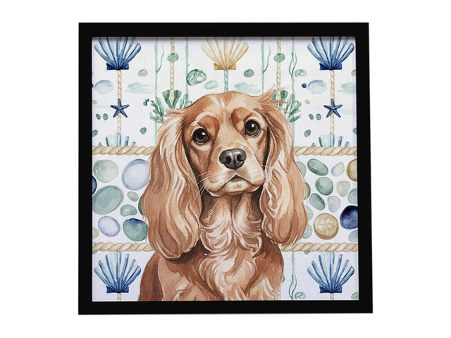 Ruby Cavalier Spaniel Coastal Sea Glass Framed Metal Print Bathroom, Kitchen, Office, Home Decor Wall Art Ready to Hang, Square, 8X8