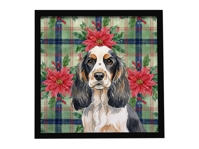 Parti Cocker Spaniel Christmas PoinsettIas Framed Metal Print Bathroom, Kitchen, Office, Home Decor Wall Art Ready to Hang, Square, 8X8