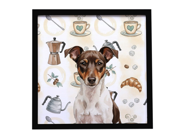 Chocolate and White Rat Terrier Coffee Bar Framed Metal Print Bathroom, Kitchen, Office, Home Decor Wall Art Ready to Hang, Square, 8X8