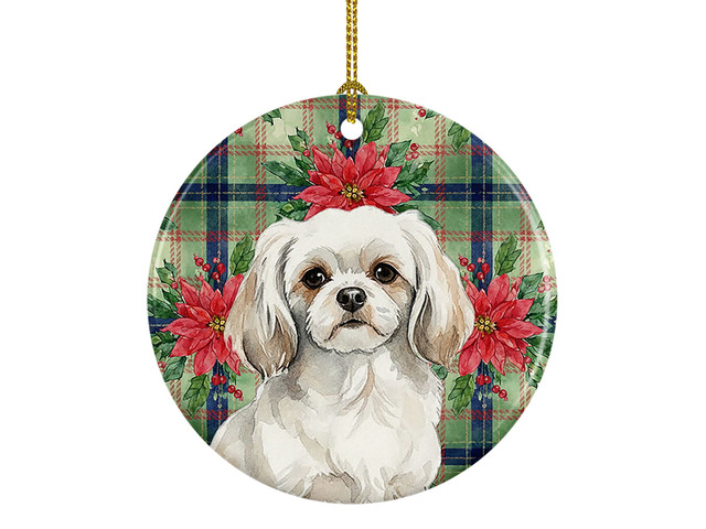 White Tibetan Spaniel Christmas PoinsettIas Ceramic Ornament Christmas Tree Hanging Decorations for Home Christmas Holiday, Party, Gift, 3 in,...