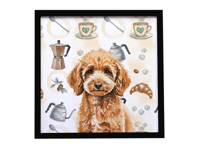 Miniature Apricot Poodle Coffee Bar Framed Metal Print Bathroom, Kitchen, Office, Home Decor Wall Art Ready to Hang, Square, 8X8