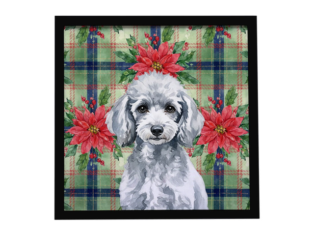 Miniature Silver Poodle Christmas PoinsettIas Framed Metal Print Bathroom, Kitchen, Office, Home Decor Wall Art Ready to Hang, Square, 8X8