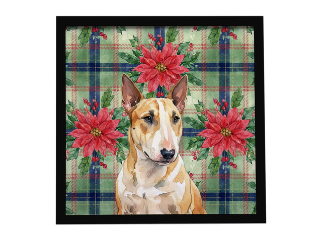 Miniature Bull Terrier Christmas PoinsettIas Framed Metal Print Bathroom, Kitchen, Office, Home Decor Wall Art Ready to Hang, Square, 8X8