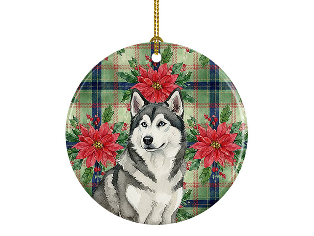 Gray and White Alaskan Malamute Christmas PoinsettIas Ceramic Ornament Christmas Tree Hanging Decorations for Home Christmas Holiday, Party, Gift,...
