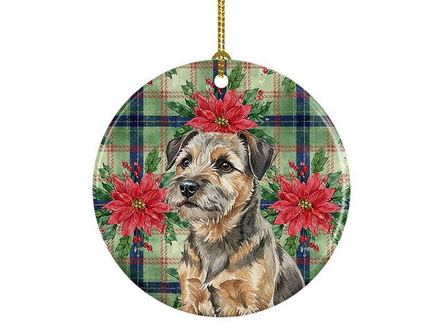 Grizzle and Tan Border Terrier Christmas PoinsettIas Ceramic Ornament Christmas Tree Hanging Decorations for Home Christmas Holiday, Party, Gift, 3...