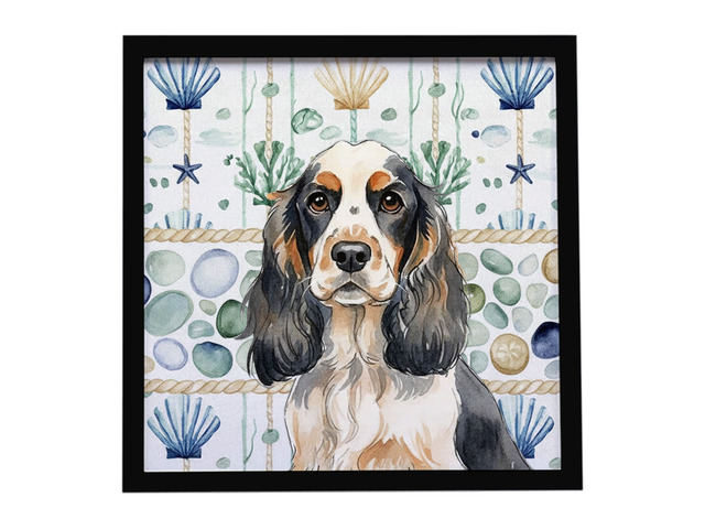 Parti Cocker Spaniel Coastal Sea Glass Framed Metal Print Bathroom, Kitchen, Office, Home Decor Wall Art Ready to Hang, Square, 8X8