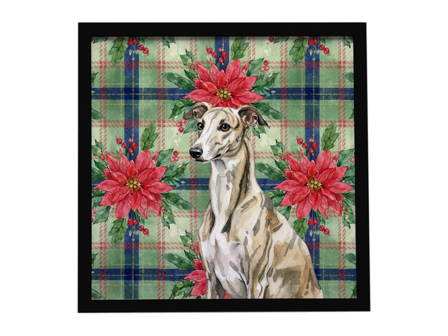 Brindle Whippet Christmas PoinsettIas Framed Metal Print Bathroom, Kitchen, Office, Home Decor Wall Art Ready to Hang, Square, 8X8