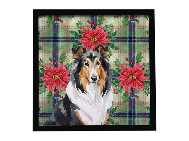 Tricolor Collie Christmas PoinsettIas Framed Metal Print Bathroom, Kitchen, Office, Home Decor Wall Art Ready to Hang, Square, 8X8