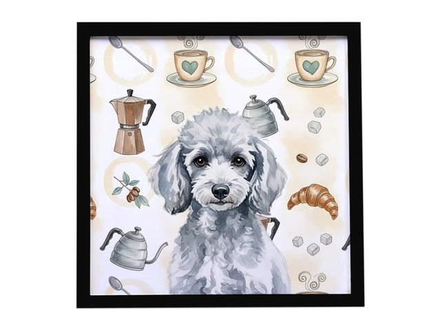 Miniature Silver Poodle Coffee Bar Framed Metal Print Bathroom, Kitchen, Office, Home Decor Wall Art Ready to Hang, Square, 8X8