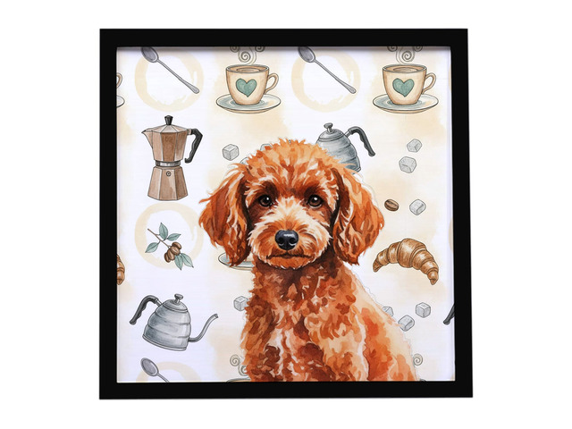 Toy Red Poodle Coffee Bar Framed Metal Print Bathroom, Kitchen, Office, Home Decor Wall Art Ready to Hang, Square, 8X8