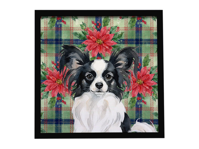 Black and White Papillon Christmas PoinsettIas Framed Metal Print Bathroom, Kitchen, Office, Home Decor Wall Art Ready to Hang, Square, 8X8