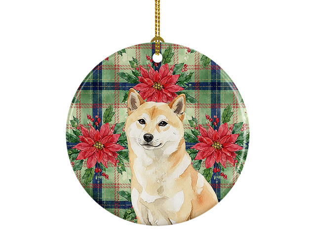 Cream Shiba Inu Christmas PoinsettIas Ceramic Ornament Christmas Tree Hanging Decorations for Home Christmas Holiday, Party, Gift, 3 in, Multicolor