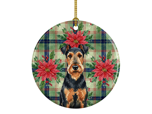 Airedale Terrier Christmas PoinsettIas Ceramic Ornament Christmas Tree Hanging Decorations for Home Christmas Holiday, Party, Gift, 3 in, Multicolor