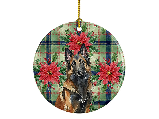 Belgian Tervuren Christmas PoinsettIas Ceramic Ornament Christmas Tree Hanging Decorations for Home Christmas Holiday, Party, Gift, 3 in, Multicolor