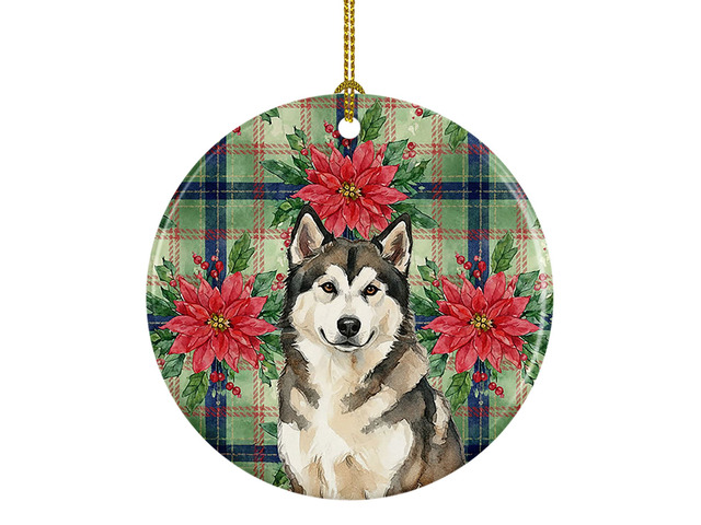 Sable and White Alaskan Malamute Christmas Poinsettas Ceramic Ornament Christmas Tree Hanging Decorations for Home Christmas Holiday, Party, Gift,...