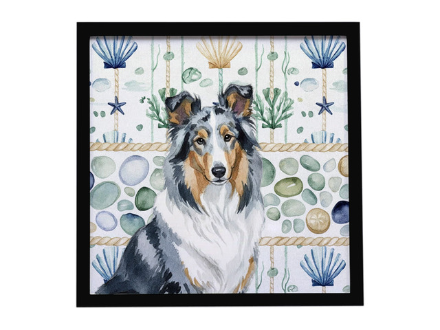 Blue Merle Collie Coastal Sea Glass Framed Metal Print Bathroom, Kitchen, Office, Home Decor Wall Art Ready to Hang, Square, 8X8