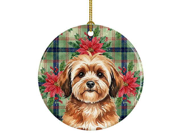Sable Havanese Christmas PoinsettIas Ceramic Ornament Christmas Tree Hanging Decorations for Home Christmas Holiday, Party, Gift, 3 in, Multicolor