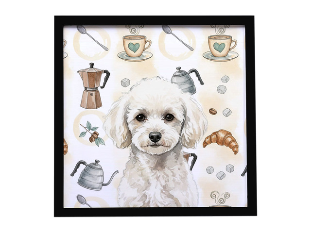 Toy White Poodle Coffee Bar Framed Metal Print Bathroom, Kitchen, Office, Home Decor Wall Art Ready to Hang, Square, 8X8