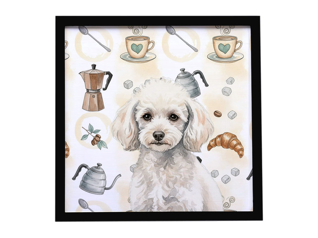 Miniature White Poodle Coffee Bar Framed Metal Print Bathroom, Kitchen, Office, Home Decor Wall Art Ready to Hang, Square, 8X8
