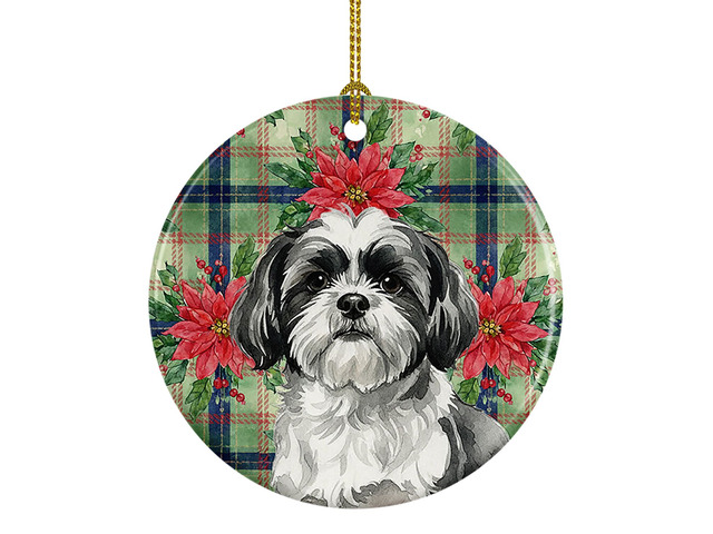 Black and White Shih Tzu Christmas PoinsettIas Ceramic Ornament Christmas Tree Hanging Decorations for Home Christmas Holiday, Party, Gift, 3 in,...