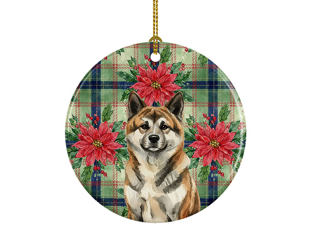 Brindle Akita Christmas PoinsettIas Ceramic Ornament Christmas Tree Hanging Decorations for Home Christmas Holiday, Party, Gift, 3 in, Multicolor