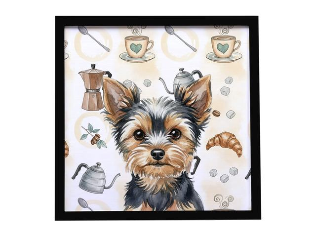Black and Tan Yorkshire Terrier Coffee Bar Framed Metal Print Bathroom, Kitchen, Office, Home Decor Wall Art Ready to Hang, Square, 8X8