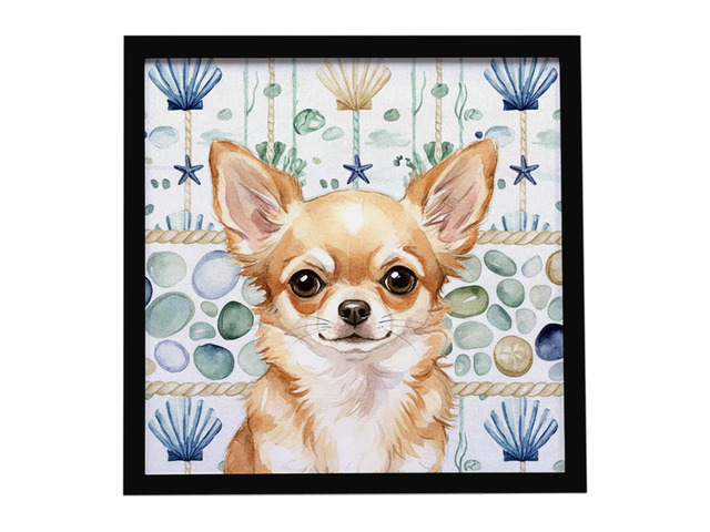 Fawn Chihuahua Coastal Sea Glass Framed Metal Print Bathroom, Kitchen, Office, Home Decor Wall Art Ready to Hang, Square, 8X8