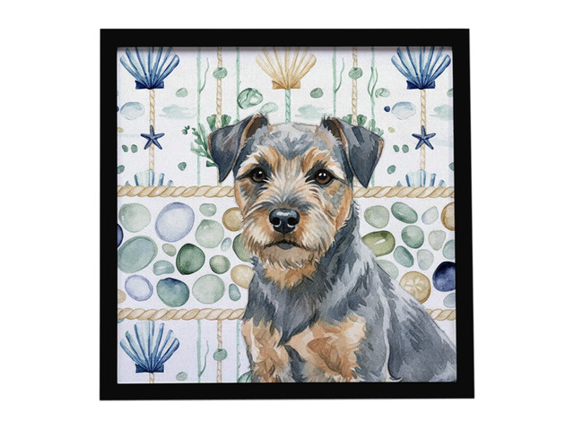 Blue and Tan Border Terrier Coastal Sea Glass Framed Metal Print Bathroom, Kitchen, Office, Home Decor Wall Art Ready to Hang, Square, 8X8