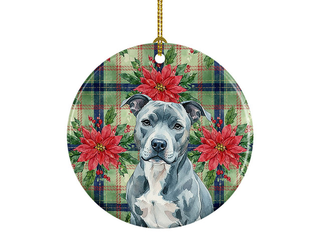 Blue American Staffordshire Terrier Christmas PoinsettIas Ceramic Ornament Christmas Tree Hanging Decorations for Home Christmas Holiday, Party,...