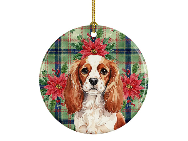 Blenheim English Toy Spaniel Christmas PoinsettIas Ceramic Ornament Christmas Tree Hanging Decorations for Home Christmas Holiday, Party, Gift, 3...