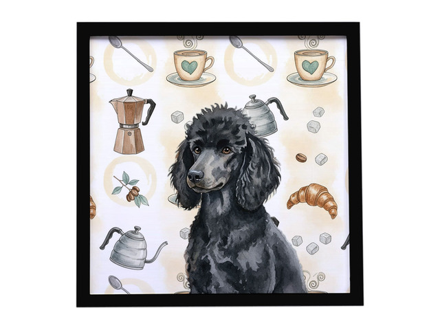 Standard Black Poodle Coffee Bar Framed Metal Print Bathroom, Kitchen, Office, Home Decor Wall Art Ready to Hang, Square, 8X8