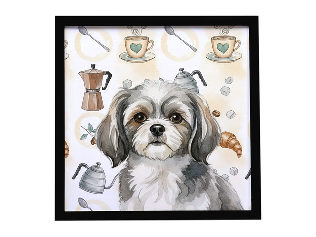 Grey and White Tibetan Spaniel Coffee Bar Framed Metal Print Bathroom, Kitchen, Office, Home Decor Wall Art Ready to Hang, Square, 8X8
