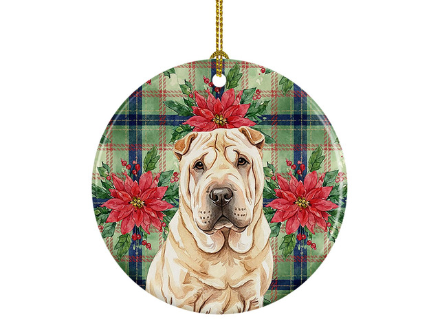 Shar Pei Christmas PoinsettIas Ceramic Ornament Christmas Tree Hanging Decorations for Home Christmas Holiday, Party, Gift, 3 in, Multicolor