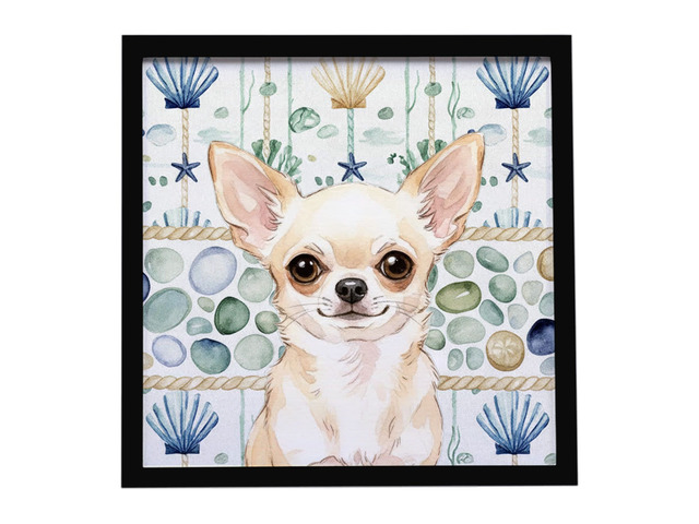 Cream Chihuahua Coastal Sea Glass Framed Metal Print Bathroom, Kitchen, Office, Home Decor Wall Art Ready to Hang, Square, 8X8