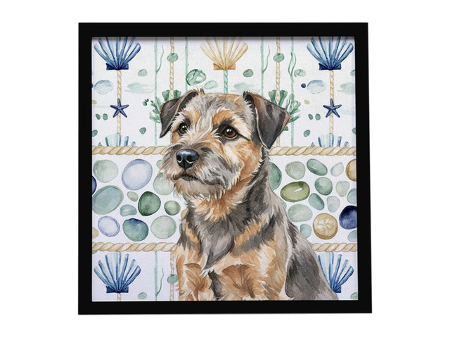 Grizzle and Tan Border Terrier Coastal Sea Glass Framed Metal Print Bathroom, Kitchen, Office, Home Decor Wall Art Ready to Hang, Square, 8X8