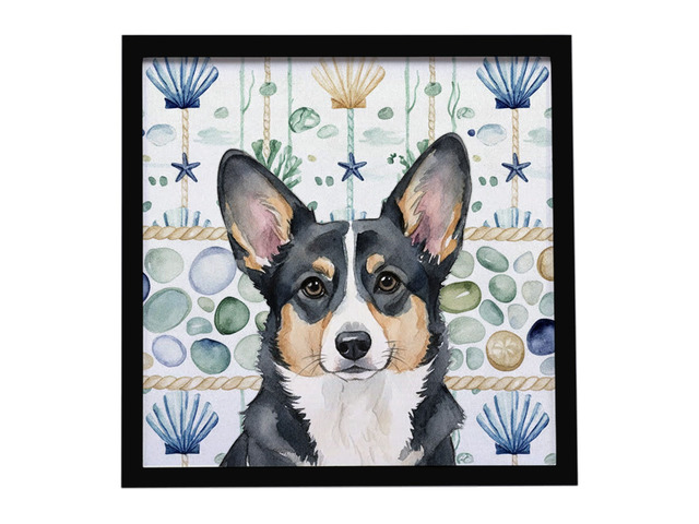 Black and White Cardigan Welsh Corgi Coastal Sea Glass Framed Metal Print Bathroom, Kitchen, Office, Home Decor Wall Art Ready to Hang, Square, 8X8
