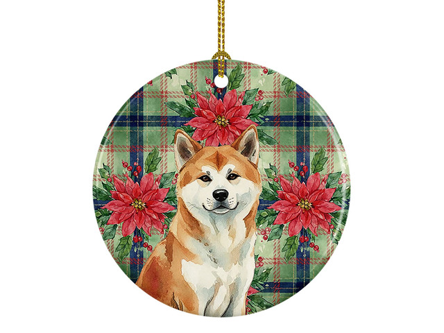 Red Akita Christmas PoinsettIas Ceramic Ornament Christmas Tree Hanging Decorations for Home Christmas Holiday, Party, Gift, 3 in, Multicolor