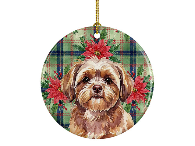 Liver Shih Tzu Christmas PoinsettIas Ceramic Ornament Christmas Tree Hanging Decorations for Home Christmas Holiday, Party, Gift, 3 in, Multicolor