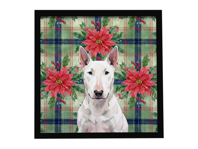 White Bull Terrier Christmas PoinsettIas Framed Metal Print Bathroom, Kitchen, Office, Home Decor Wall Art Ready to Hang, Square, 8X8