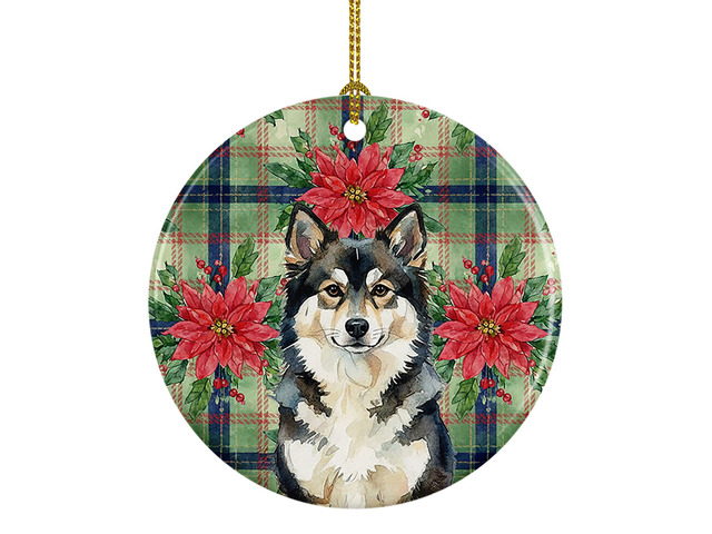 Finnish Lapphund Christmas PoinsettIas Ceramic Ornament Christmas Tree Hanging Decorations for Home Christmas Holiday, Party, Gift, 3 in, Multicolor