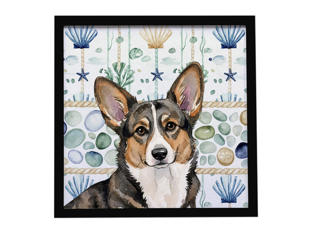 Brindle Cardigan Welsh Corgi Coastal Sea Glass Framed Metal Print Bathroom, Kitchen, Office, Home Decor Wall Art Ready to Hang, Square, 8X8
