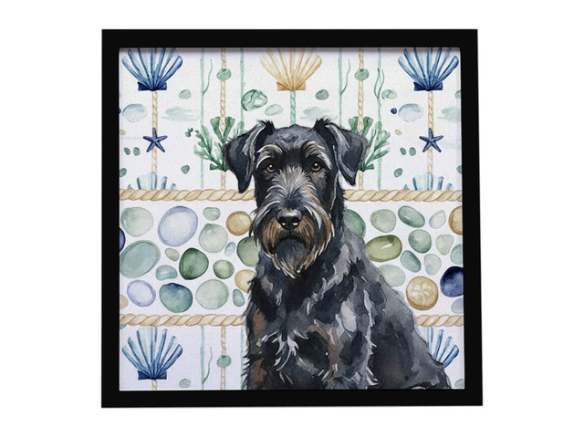 Black Russian Terrier Coastal Sea Glass Framed Metal Print Bathroom, Kitchen, Office, Home Decor Wall Art Ready to Hang, Square, 8X8