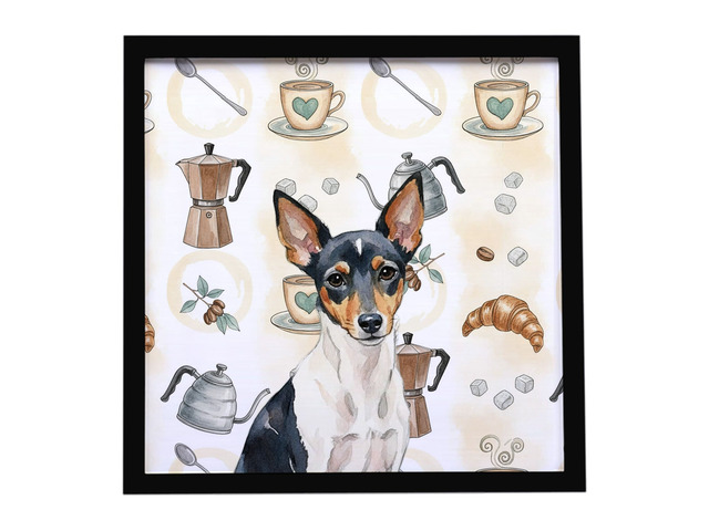 Toy Fox Terrier Coffee Bar Framed Metal Print Bathroom, Kitchen, Office, Home Decor Wall Art Ready to Hang, Square, 8X8