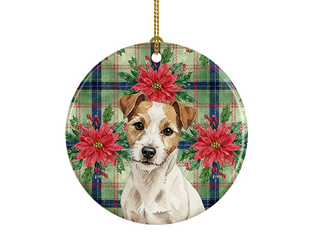 White with Tan Markings Russell Terrier Christmas PoinsettIas Ceramic Ornament Christmas Tree Hanging Decorations for Home Christmas Holiday,...
