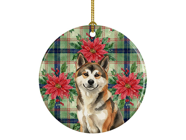 Sesame Akita Christmas PoinsettIas Ceramic Ornament Christmas Tree Hanging Decorations for Home Christmas Holiday, Party, Gift, 3 in, Multicolor