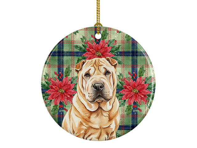Red Shar Pei Christmas PoinsettIas Ceramic Ornament Christmas Tree Hanging Decorations for Home Christmas Holiday, Party, Gift, 3 in, Multicolor