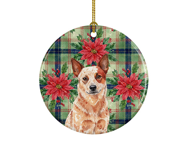 Red Heeler Australian Cattle Dog Christmas PoinsettIas Ceramic Ornament Christmas Tree Hanging Decorations for Home Christmas Holiday, Party, Gift,...